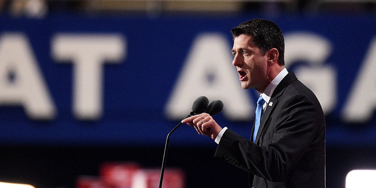 Speaker of the House Paul Ryan delivers a speech on the second day of the Republican National Convention.