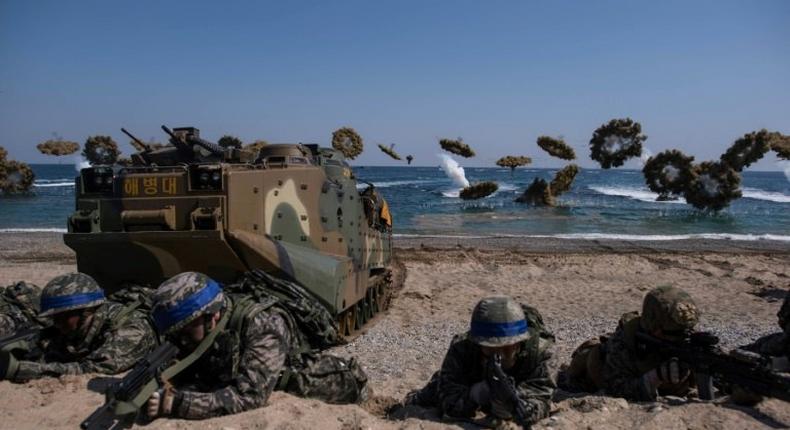 South Korean and US soldiers take part in an amphibious landing exercise in Pohang, on South Korea's southeast coast