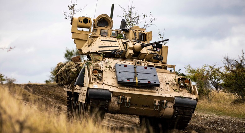 A M2 Bradley Infantry Fighting Vehicle during a multinational situational training exercise in Cincu, Romania, September 23, 2021.US Army photo by Spc. Joshua Cowden, 22nd Mobile Public Affairs Detachment