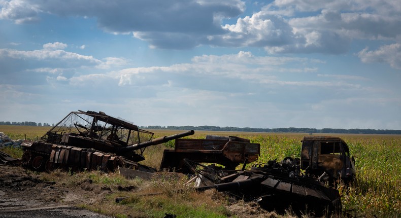 Destroyed Russian tanks lie on a roadside near Sudzha, in the Kursk region, on August 16.AP Photo