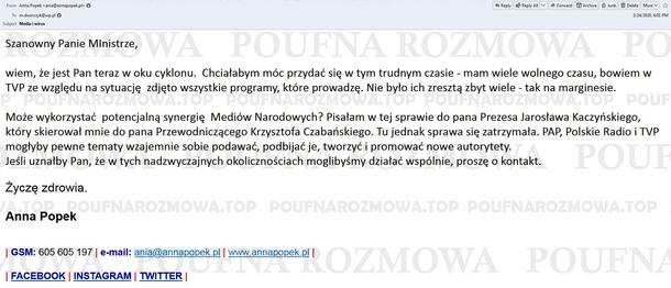 Mail Anny Popek do Michała Dworczyka opublikowany przez serwis Poufna Rozmowa.