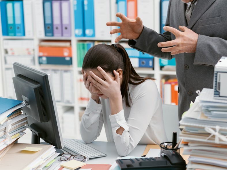 Angry,Boss,Yelling,At,His,Young,Employee,,She,Is,Stressed