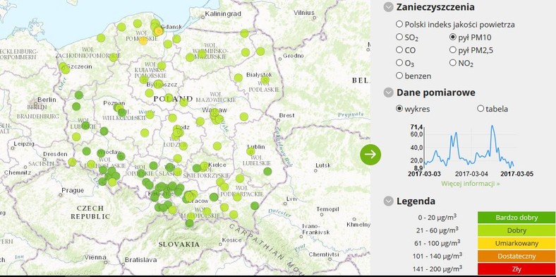 Stężenie pyłu PM10 - 2017-03-05 od godziny 07:00 do 08:00