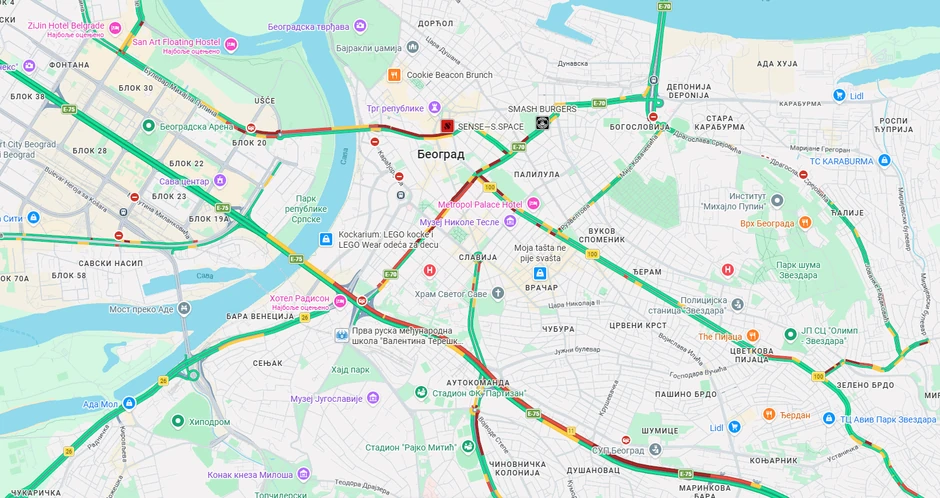 Mape gužvi širom Beograda 18. maja