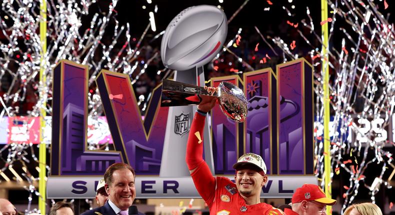Patrick Mahomes of the Kansas City Chiefs holds the Lombardi Trophy after defeating the San Francisco 49ers 25-22 during Super Bowl LVIII.Jamie Squire/Getty Images