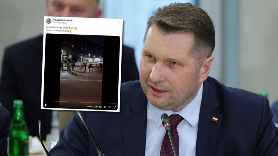 Przemysław Czarnek skomentował ustawianie barierek pod Sejmem (zdj. Twitter.com/Andrzej Śliwka)