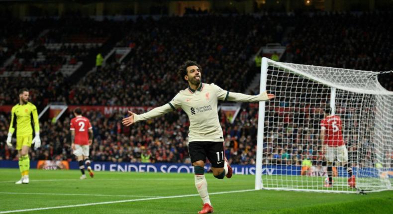 Mohamed Salah celebrates after scoring Liverpool's fifth goal, and his third, at Old Trafford Creator: Oli SCARFF