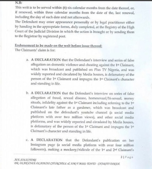 According to Churchill, Tonto Dikeh was aware of his political decision and decided to ruin them with the YouTube video. He then went on to say that the actress should pay the sum of N500M for the general damages incurred by him over the malicious and false publications. [LindaIkeji]