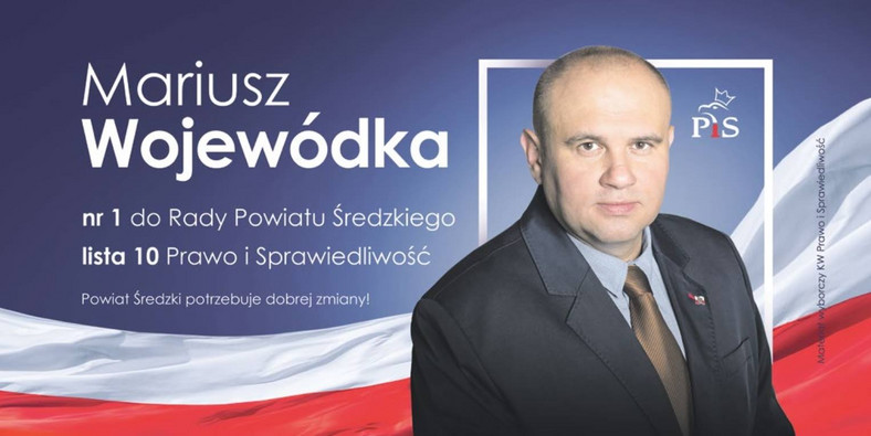 Mariusz Wojewódka, obecny Wojewódzki Inspektor Ochrony Środowiska we Wrocławiu. Ulotka z wyborów samorządowych w 2018 r.