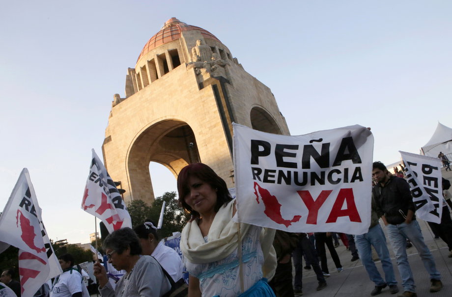 Civil organizations and activists take part in a march demanding Mexican President Enrique Peña Nieto's resignation in Mexico City, November 21, 2016. The flags read, "Peña resign immediately."