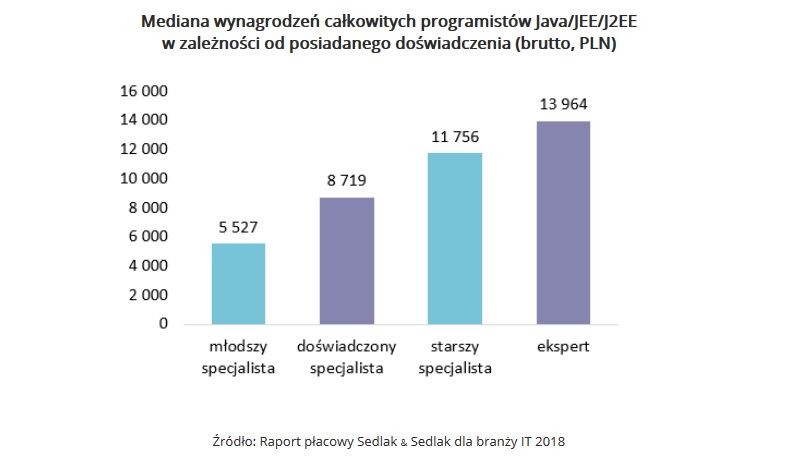 Doświadczenie, jakie posiadają programiści w znacznym stopniu wpływa na wysokość ich zarobków. Przykładowo developerzy Java/JEE/J2EE, jako młodsi specjaliści mogą oczekiwać wynagrodzenia na poziomie 5 527 PLN. Eksperci posługujący się tym językiem zarabiają już 13 964 PLN. Różnica wynagrodzenia między młodszym specjalistą, a ekspertem wynosi więc 8 437 PLN.