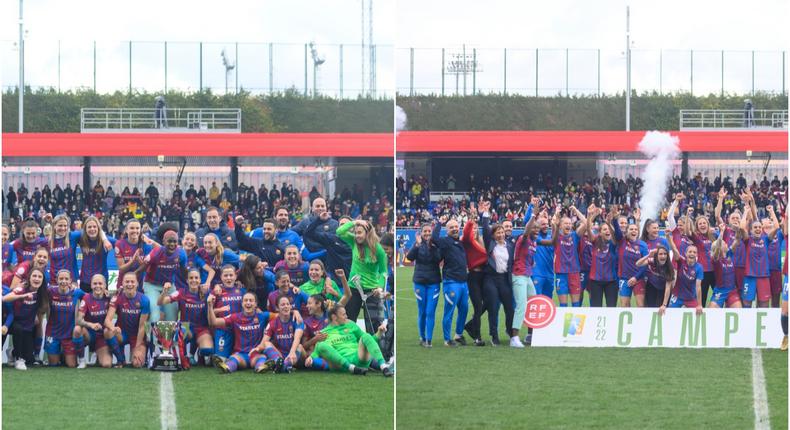 Asisat Oshoala celebrates as Barcelona Femeni win league