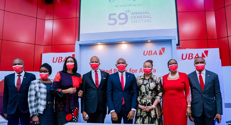 59th Annual General Meeting of UBA Plc 5: l-r: Deputy Managing Director, Nigeria, Mr. Ayoku Liadi; Non-Executive Directors - Mrs Onari Duke and Hajiya Aisha Hassan Baba; Group Managing Director/CEO, Mr. Kennedy Uzoka; Group Chairman, Mr. Tony Elumelu; Non-Executive Directors - Erelu Angela Adebayo and Mrs Angela Aneke; and Deputy Managing Director, Africa, Mr. Oliver Alawuba; at the 59th Annual General Meeting of United Bank for Africa(UBA) Plc, held in Lagos on Thursday.