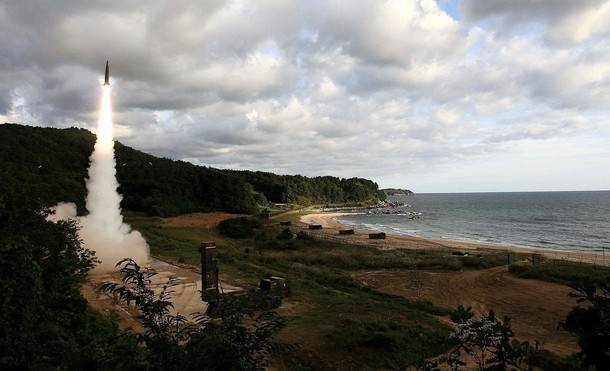 South Korean troops fire Hyunmoo Missile into the waters of the East Sea at a military exercise in S