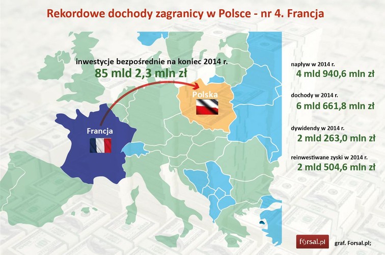 Francuskie firmy kojarzą się u nas przede wszystkim z sektorem handlowym (od Carrefour, Auchan czy  E. Leclerc, przez Decathlon czy Go Sport aż po Leroy Merlin). Inwestorów 'handlowych' z Francji jest w Polsce ponad 30. Trzy razy więcej jest firm obecnych u nas w sektorze przetwórczym. W 2014 r. Francuzi byli na trzecim miejscu, jeśli chodzi o napływ inwestycji bezpośrednich do Polski, wyprzedzili nawet Niemców. Byli też na czwartym miejscu pod względem uzyskanych w naszym kraju dywidend - zbliżały się one do 2,3 mld zł.