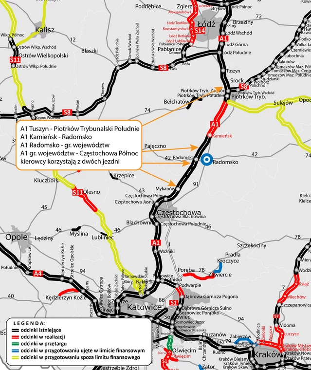 Mapa odcinków autostrady A1 pomiędzy Tuszynem i Częstochową