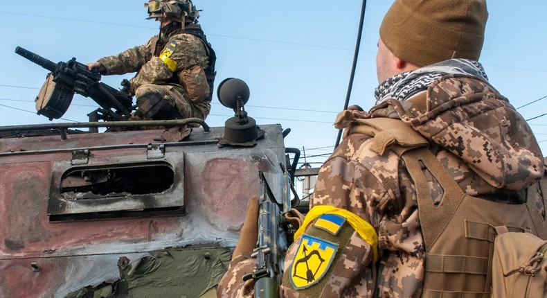 Ukrainian soliders are pictured near Kharkiv, Ukraine, in February.