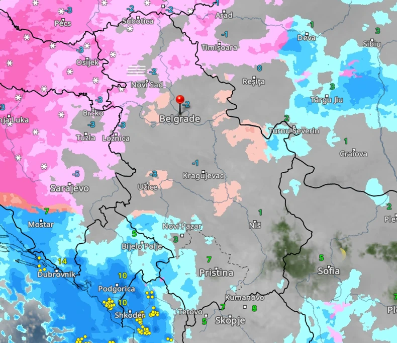 Kretanje padavina na Badnji dan u 21 čas