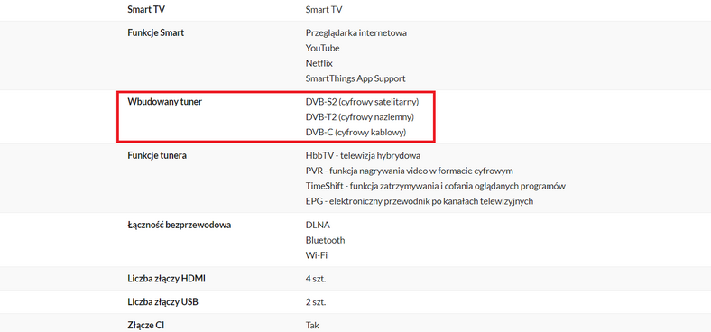 Informacja o obsłudze DVB-T2 może występować pod takimi hasłami jak "tuner", "złącza", "smart TV"