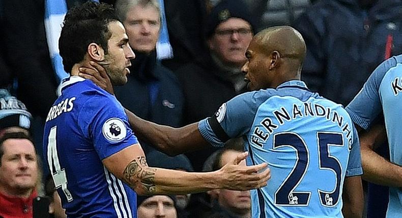 Manchester City midfielder Fernandinho (right) was sent off after an altercation with Chelsea's Cesc Fabregas on December 3, 2016