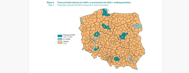 Przyrost liczby ludności do 2060 r. w porównaniu do 2022 r. według powiatów