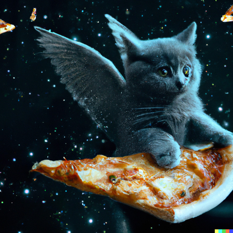 Prompt: szary kotek stojący na pizzy w kosmosie. Kotek je kawałek pizzy. Plasterki pizzy latające z anielskimi skrzydłami w tle, ciemną galaktyką cyjanową i gwiazdami w tle, obraz z Photoshopa w 4K, spójrz na te detale.