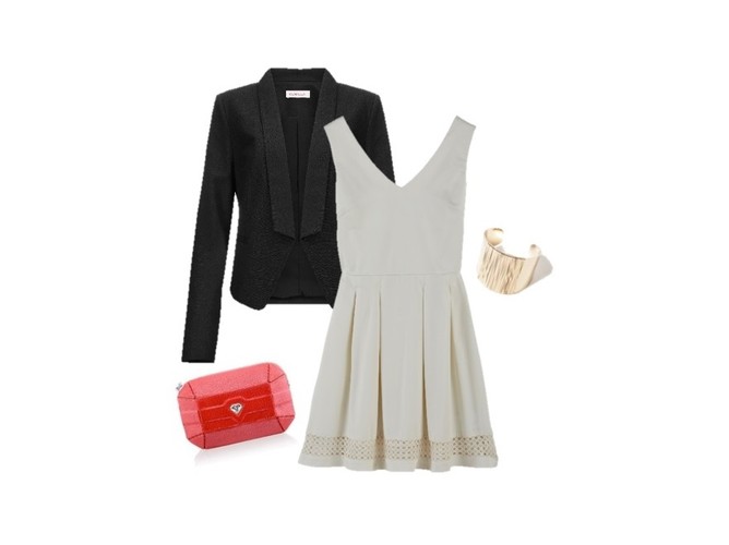 WIECZORNE WYJŚCIE: Marynarka CAMAIEU 179,99ZŁ; Sukienka CAMAIEU 119,99ZŁ; Torebka SABRINA PILEWICZ 550ZŁ; Bransoletka CAMAIEU 29,99ZŁ