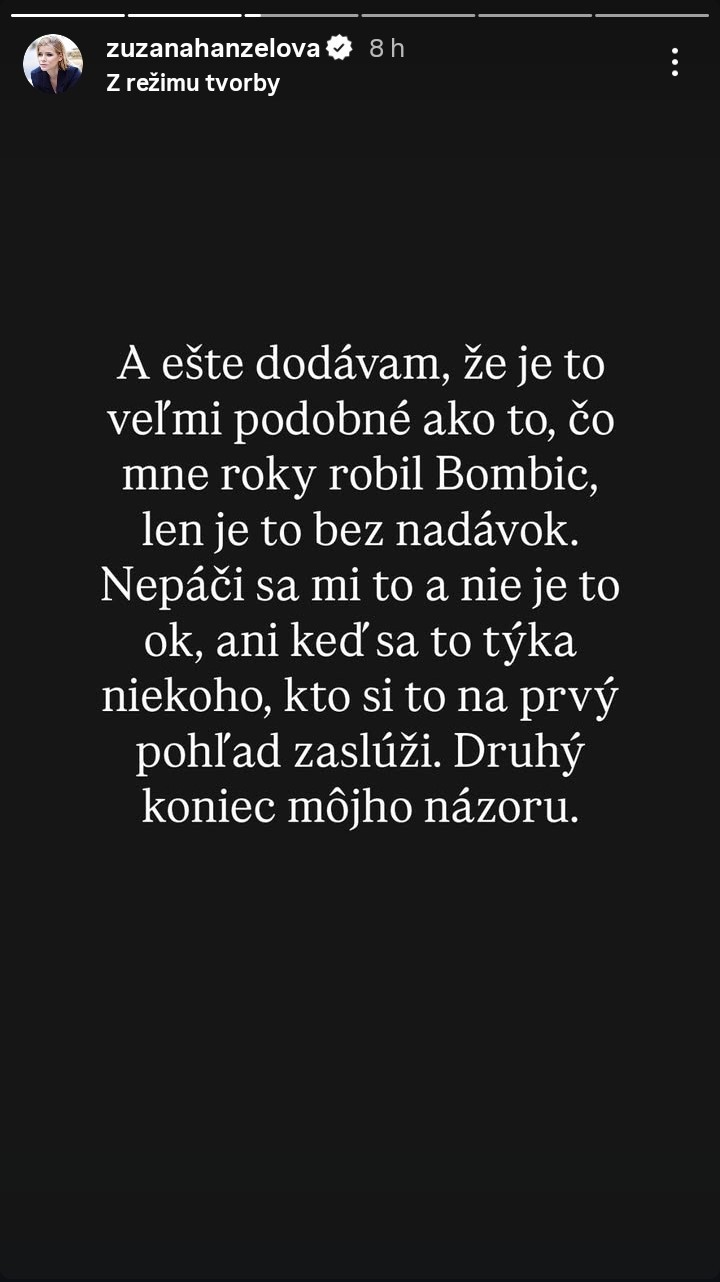 Zuzana Kovačič Hanzelová sa postavila za Romanu Tabakovú. 