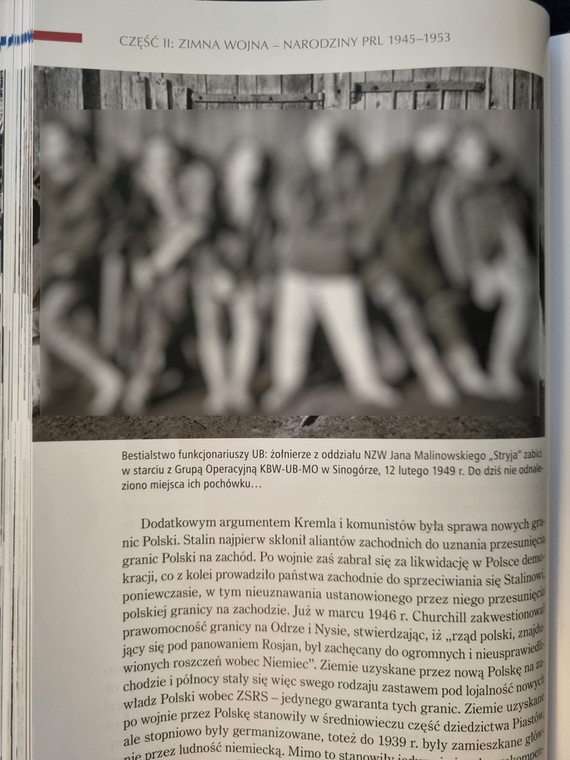 Jedno z brutalnych zdjęć z podręcznika do HiT, przedstawiające grupę zamordowanych przez UB żołnierzy oddziału Narodowych Sił Zbrojnych Jana Malinowskiego "Stryja".