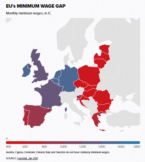 Różnice w płacy minimalnej w UE; Miesięczna płaca minimalna w euro; Austria, Cypr, Dania, Finlandia, Włochy i Szwecja nie maja ustawowej płacy minimalnej. 