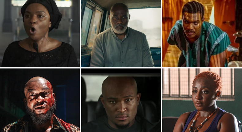 From left to right and top to bottom: Chioma Chukwuka in Gangs of Lagos, Richard Mofe-Damijo in The Black Book, Kunle Remi in Anikulapo, Chidi Mokeme in Shanty Town, Blossom Chukwujekwu in The Trade, and Ini Edo in Shaty Town