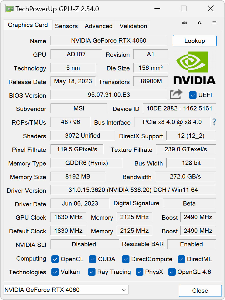 Nvidia GeForce RTX 4060 – GPU-Z – specyfikacja modelu MSI GeForce RTX 4060 Ventus 2X Black OC