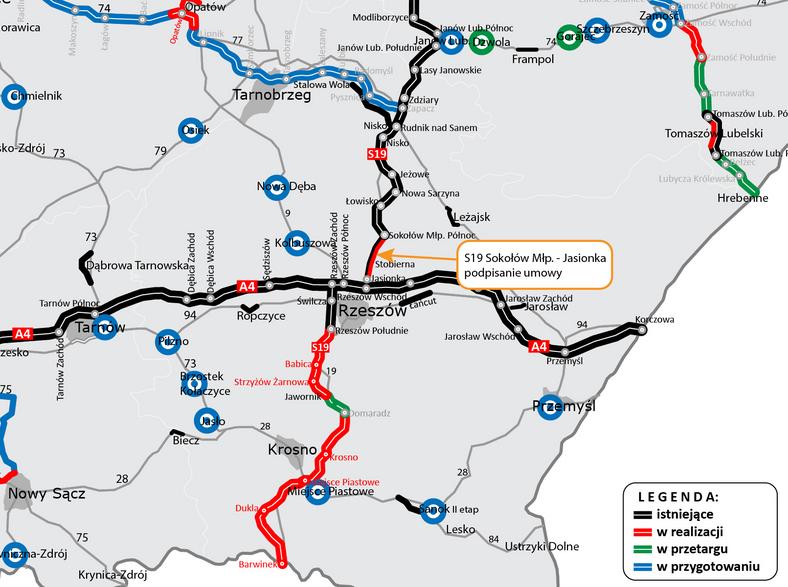 Mapa — droga ekspresowa S19 Sokołów Małopolski — Jasionka