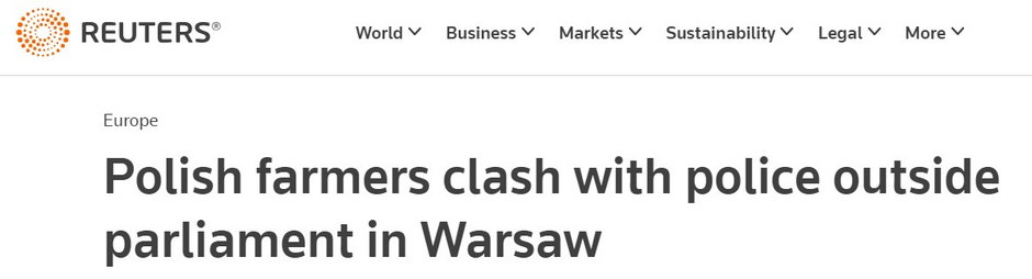 Reuters: "Polscy rolnicy ścierają się z policją przed Sejmem w Warszawie"