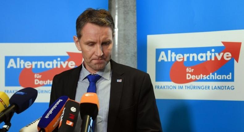 Bjoern Hoecke, chairman of the anti-immigration Alternative for Germany (AfD) party in the eastern federal state of Thuringia, gives a statement on February 13, 2017 at the Thuringian regional parliament in Erfurt, eastern Germany
