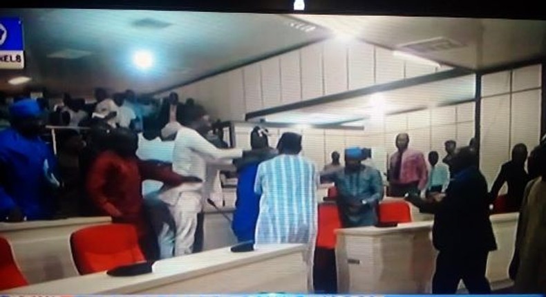 Benue State lawmakers engage in physical combat on June 23, 2015.