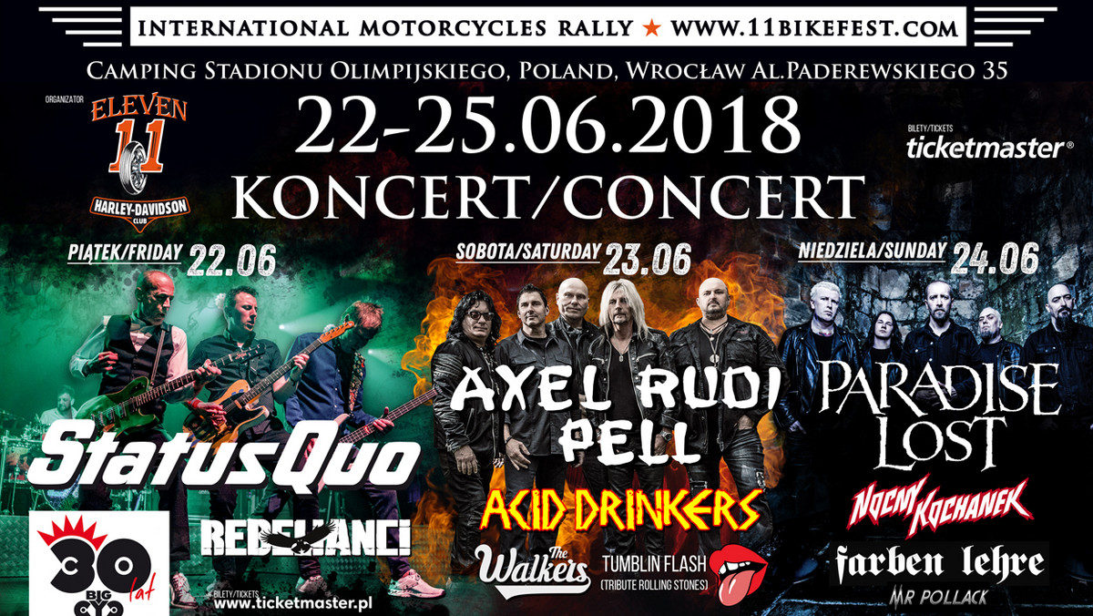 Eleven Bike Fest 2018 z gwiazdami rocka i metalu (m.in. Status Quo, Axel Rudi Pell i Paradise Lost) potrwa w tym roku od 22 do 25 czerwca 2018. Muzyczno-motocyklowe święto, którego organizatorem jest wrocławski klub motocyklowy Harley Davidson Club Eleven odbędzie się już po raz czwarty. Sprawdźcie program imprezy.