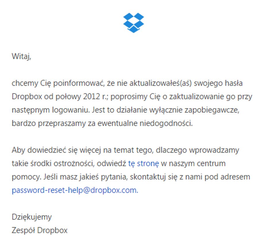 Mail rozesłany użytkownikom Dropbox