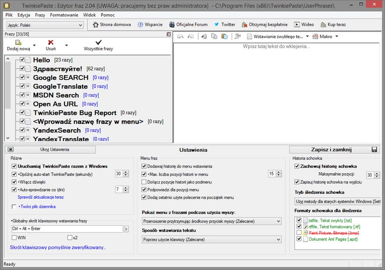 Główne okno programu do automatycznego wstawiania tekstów - TwinkiePaste