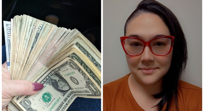 A wad of cash, left, received by Letitia Bishop, right, after she was overcharged for a Subway sandwich.Courtesy of Letitia Bishop