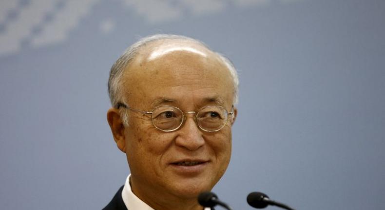 International Atomic Energy Agency (IAEA) Director General Yukiya Amano takes part in a news conference during a visit to the Belarusian nuclear power plant, which is under construction, near Ostrovets, Belarus, April 19, 2016. 