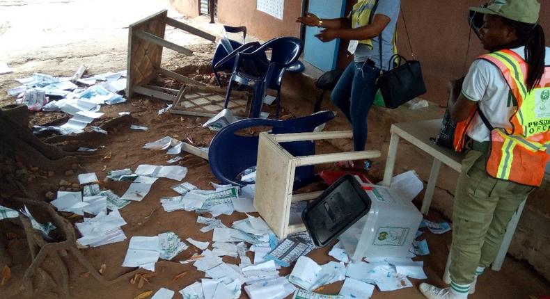 This illustration shows voting materials scattered on the floor during an election  (Twitter @MobilePunch)