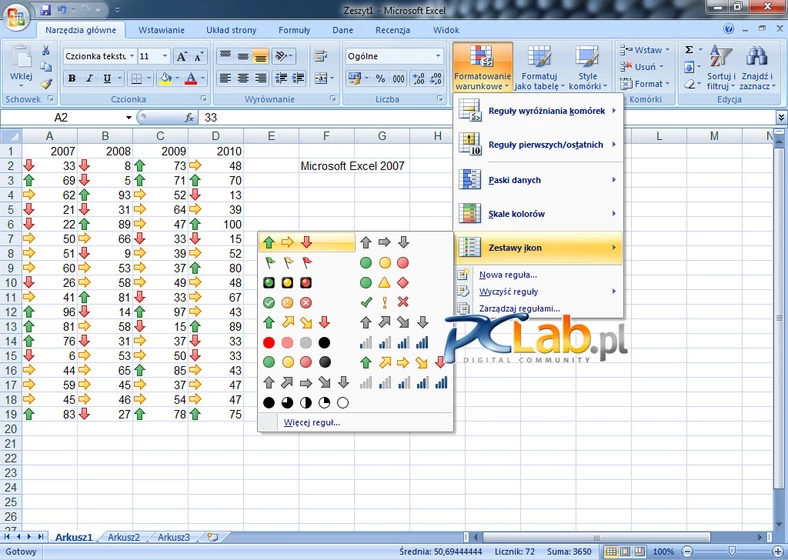 MS Excel 2007 – opcje formatowania warunkowego (kliknij, aby powiększyć)