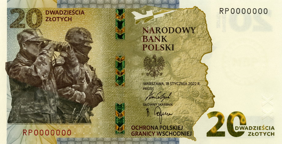 Banknot kolekcjonerski o nominale 20 zł "Ochrona polskiej granicy wschodniej" - awars