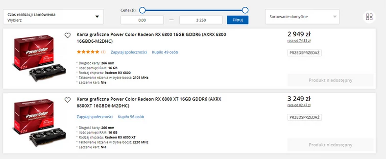 Dostępność Radeonów RX 6800 XT i RX 6800 w Morele.net