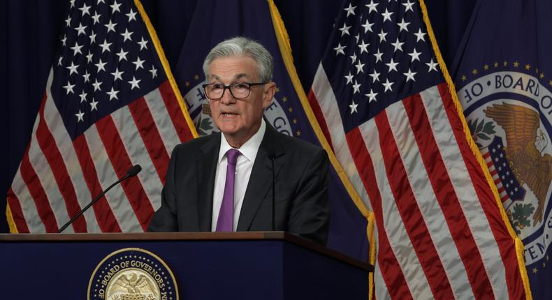 Federal Reserve Board Chairman Jerome Powell speaks during a news conference after a Federal Open Market Committee meeting on July 26, 2023 at the Federal Reserve in Washington, DC. The Federal Reserve announced that it will raise the interest rate by a quarter of a percentage point, bringing the benchmark borrowing rate to a range of 5.25% and 5.5%.Alex Wong/Getty Images