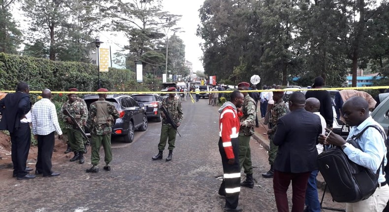 Heavily guarded scene of the Dusit terror attack, Nairobi (Twitter)