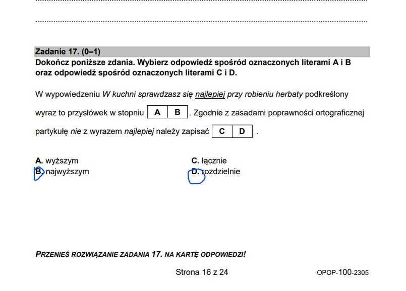 Egzamin ósmoklasisty 2023: Odpowiedzi do arkusza CKE z polskiego – strona 16, zadanie 17