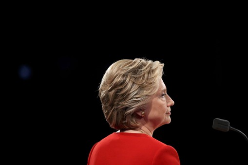 Democratic U.S. presidential nominee Hillary Clinton pauses during the first presidential debate wit