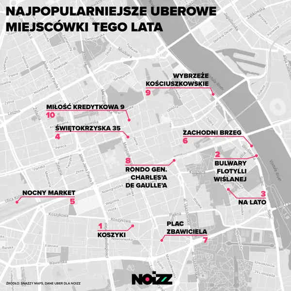 Mapka najpopularniejszych miejsc według Ubera